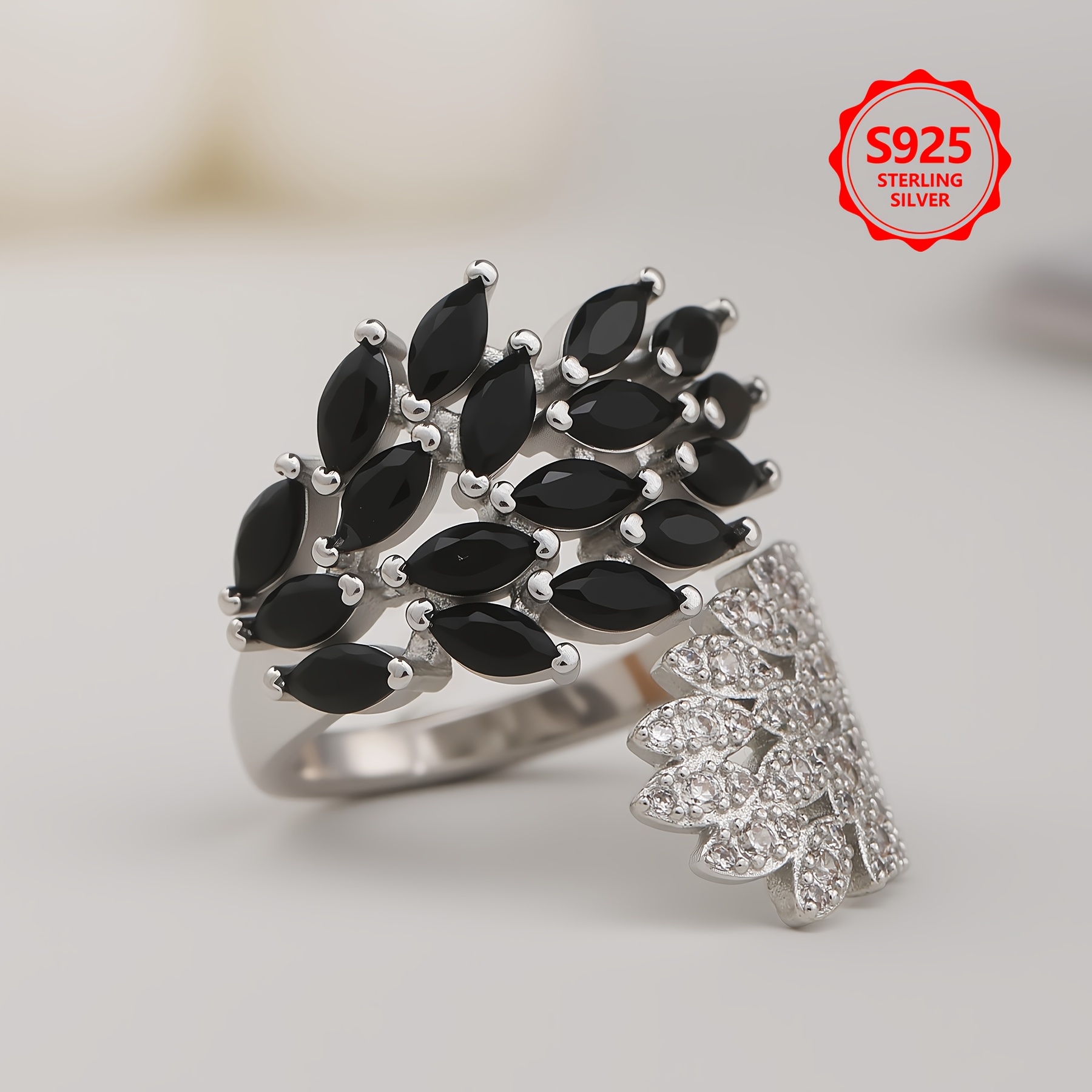925 Sterling Silver Wing Open Ring with Black & White Zirconia